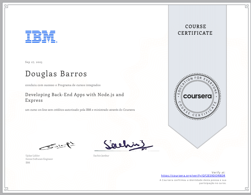 Certificado - Desenvolvimento de aplicativos web com JavaScript e MongoDB